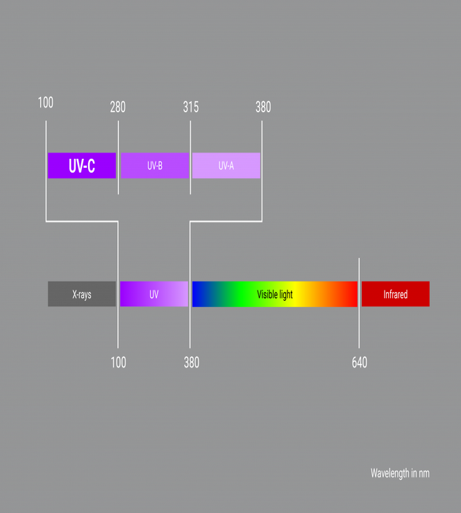 Golflengtebereik van ultraviolette straling (bron: Wikipedia)