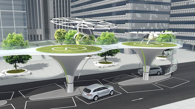 City with Supralader fast-charger and Volocopter